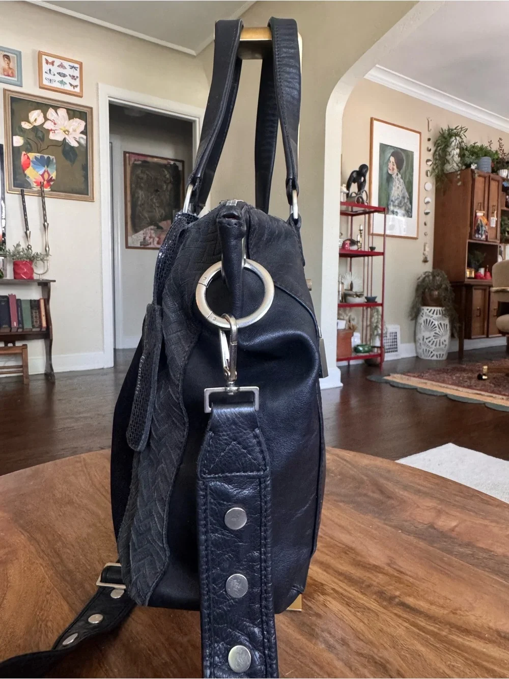 Hammitt Large Daniel Satchel Black Leather Suede Tote Studded Crossbody Silver